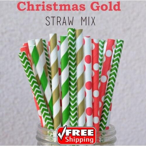 250pcs Mix 5 Designs Christmas Gold Themed Paper Straws-Green,Red,Gold-Stripe,Chevron,Polka Dot-Holiday Party Decor Vintage Bulk