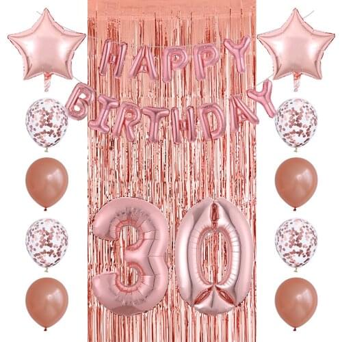 26pcs Birthday Balloon 18 20 30 40th Number Foil Balloon Birthday Party Decoration Letter Confetti Rose Gold Latex Rain curtain
