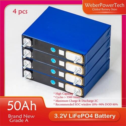 4pcs 3.2V 50Ah Lifepo4 Cell Lithium iron Phosphate for 12V 50Ah 24V Rechargeable Battery Pack 12.8V DIY 48V Solar Energy Storage