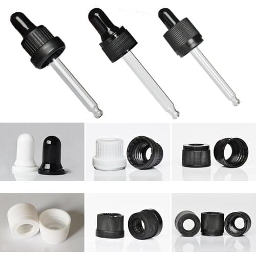 50pcs/lot Plastic Black/White Screw Press Dropper Cover Cap with glass pipette for 5/10/15/20/30/50/100ml essential oil bottles