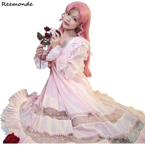 Anime Chibiusa Dress Cosplay Costume Sailor Moon Pink Cute Vintage Pajamas Dresses Uniform Pink Wigs Hear Girl Clothes Halloween