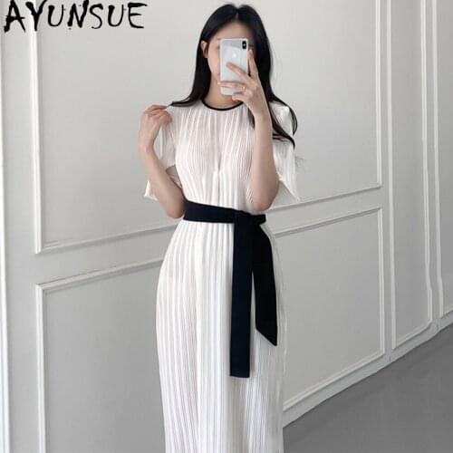 AYUNSUE Korean Chic Elegant Dress Women Summer Spring Pleated Long White Dress Female Party Dresses Doe Women Vestido De Mujer