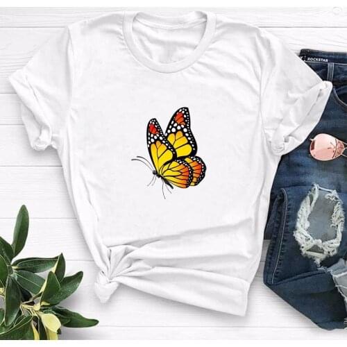 Summer Women T Shirt 4XL 5XL Plus Size Cotton Cartoon Butterfly Print Short Sleeve Casual O-Neck Female Woman TShirt Tees Top