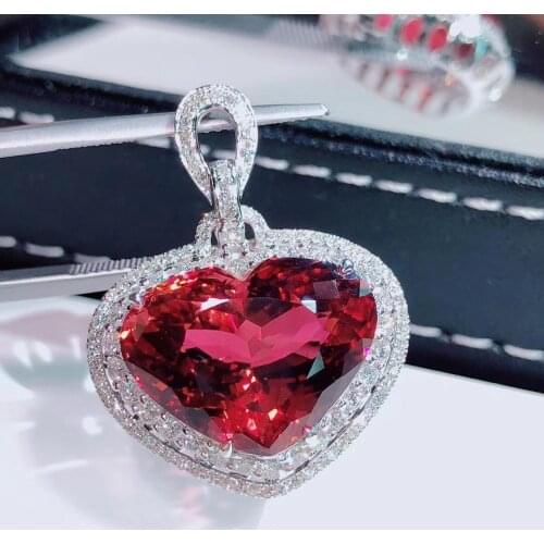 H721 Rubillite Tourmaline Pendant Real 18K Gold 100% Natural Rubillite Tourmaline 16.5ct Gemstones Diamond Pendant Necklace