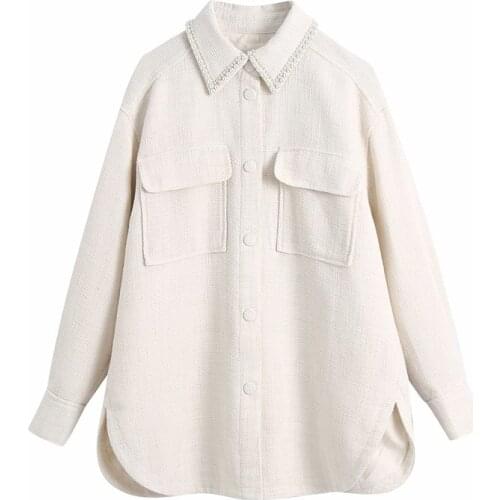 ZXQJ Elegant Women Beige Woolen Coats Fad Vogue Ladies Turn Down Collar Pocket Outerwear Sweet Female Chic Pearl Jackets