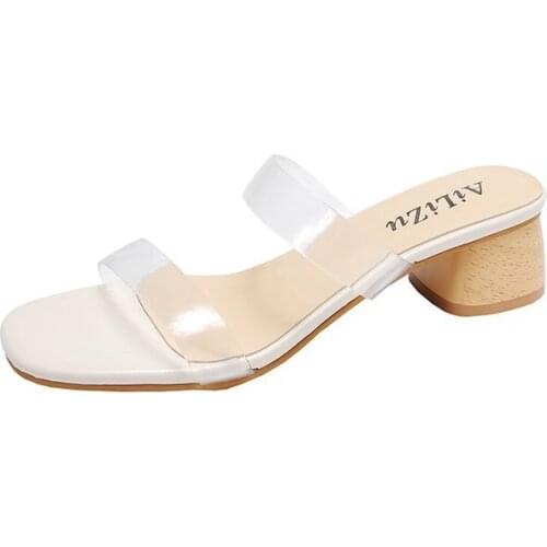 Transparent slippers for women to wear in summer, fashion high-heeled mid-heeled thick heel Korean womens sandals and slippers