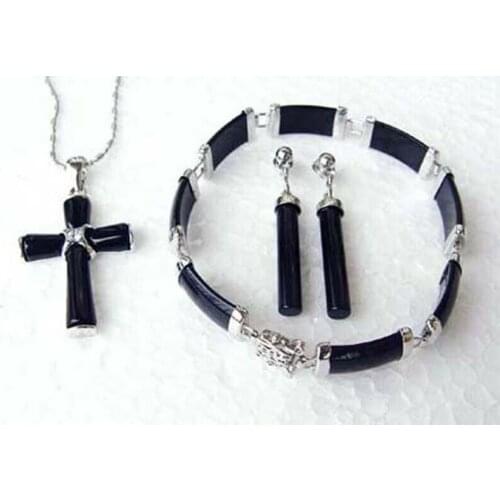 Fashion Women Black Jade Necklace Earring Bracelet Jewelry Sets