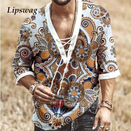 Vintage Tie-up V Neck Shirts For Men 2020 Autumn Fashion Floral Printed Top Male Casual Loose Half Sleeve Plus Size Pullover 5XL