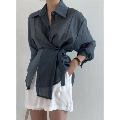 2021 new womens fashion design irregular button lapel long-sleeved shirt female temperament simple casual shirt