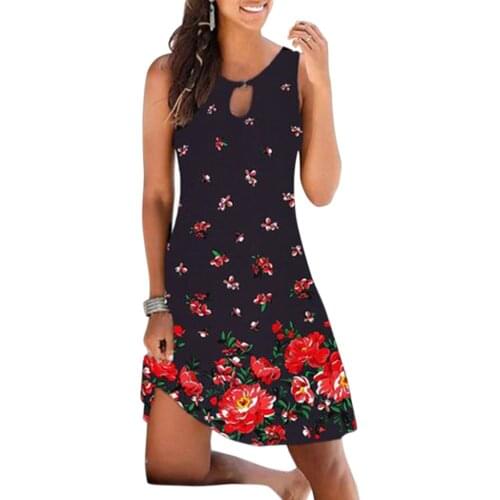 Floral Boho Dress Ladies Sleeveless O-Neck Slim A-line Tank Dress Summer Women Fashion Vintage Print Casual Dress Vestidos D30