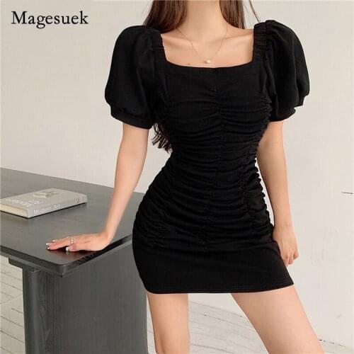 Square Collar Pleated Sexy Dresses 2021 Short Sleeve Summer Mini Dress Yellow Black Party Dress Elastic Clothing Sukienki 14573