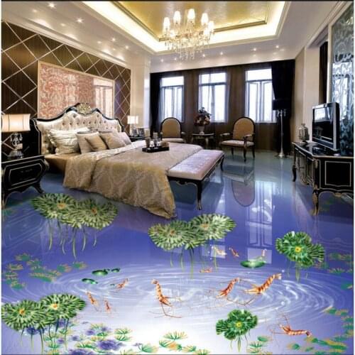 Custom flooring 3d Dream hand painted shrimp lotus bathroom living room tiles floor waterproof wallpaper 3d обои Papel de parede