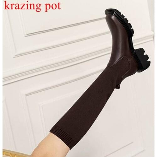Krazing pot genuine leather square toe riding boots thick heels brown color winter British school knitting thigh high boots l79