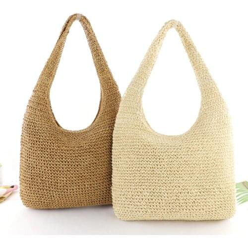 Pure color straw bag simple fashion woven bag beach bag lady casual handbag