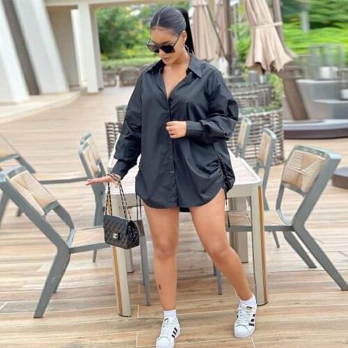 Side Ruched Drawstring Casual Loose Womens Shirt Turn Down Collar Full Sleeve Clubwear Blouse Streetwear Buttons Up Chic Tops