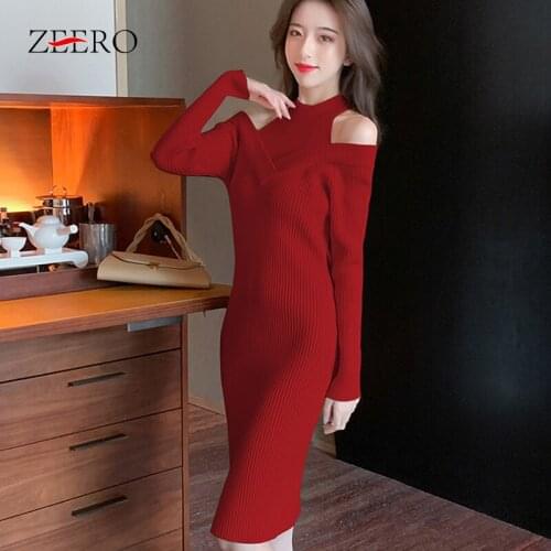 Spring Autumn Female Christmas Sexy Strapless Long Sleeve Midi Knitting Dresses Korean Fashion Women Base Sweater Bodycon Dress