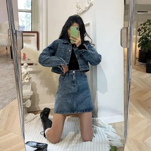 Cowboy Suit Female 2021 Spring New Short Denim Jacket + High Waist Skirt Two-piece Suit