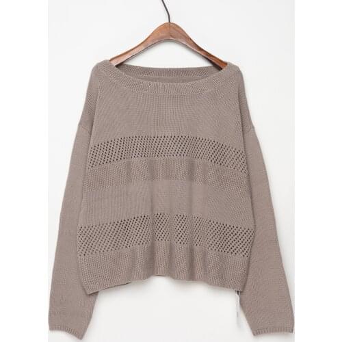 Slouchy Oversize Slash Neck 100% Cotton Crop Sweater Women Crochet Eyelet Pullover Jumper