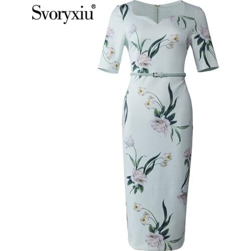 Svoryxiu Designer Fashion Spring Summer Bodycon Midi Dress Womens Half Sleeve Flower Print Elegant White Office Lady Dresses