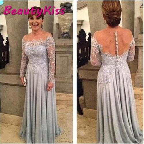Plus Size Mother Of The Bride Dresses A-line Long Sleeves Chiffon Appliques Beaded Groom Mother Dresses Guest Wear For Wedding