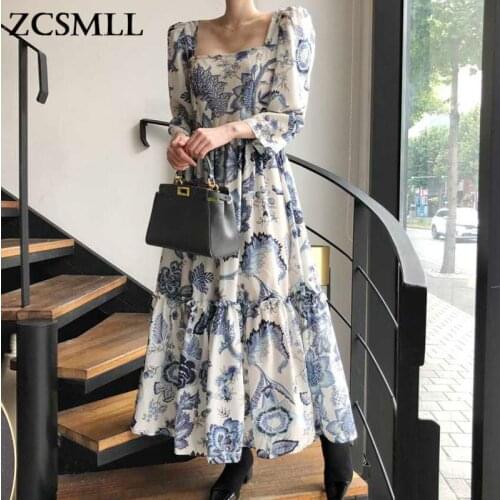 ZCSMLL 2021 summer Korean Style Vintage Flower Square Collar Exposed Clavicle Fashion Loose Over The Knee Women Dress