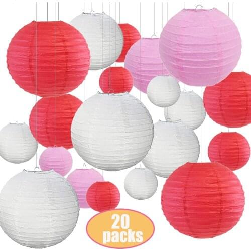 20 Pink Rose White Paper Lanterns for Weddings Birthdays Parties Events Assorted Pink Rose White Round Sizes of 6", 8", 10", 12"