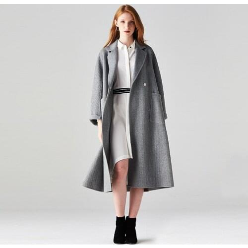 2020 Turn Down Collar Wool With Pocket Elegant Cashmere Long Coat Jacket Women Casaco Feminino