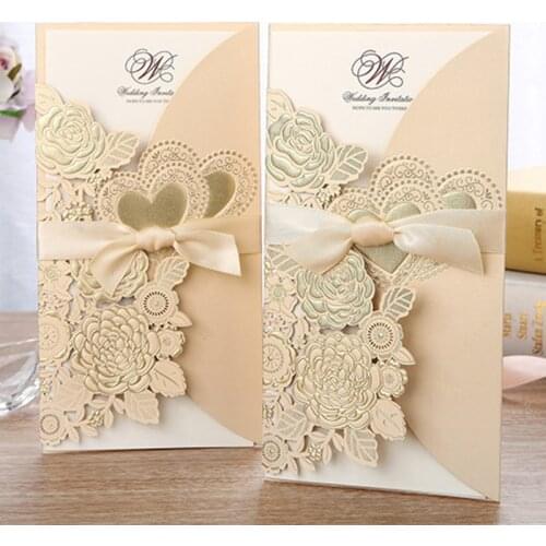 25pcs Gold White Red Laser Cut Wedding Invitation Card Rose Love Heart Greeting Cards Print With Ribbon Wedding Party Decoration