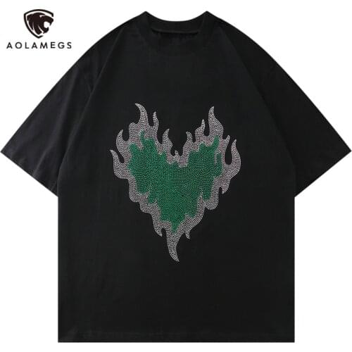 Aolamegs T-shirt Men Diamond Flame Heart Hip Hop Style Mens Tee Shirts Baggy Hipster High Street Cool Summer Streetwear Fashion