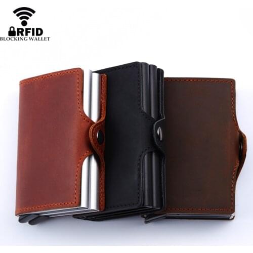 BISO GORO Business RFID Crazy Horse Leather Mini Wallet Security Information Double Box Aluminum Credit Card Holder Metal Purse