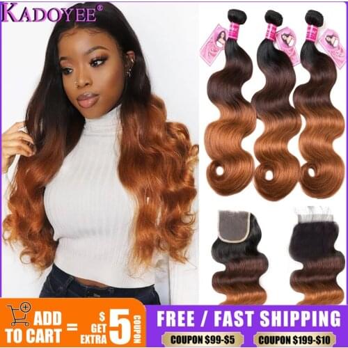 KADOYEE 1B/4/30 Ombre Body Wave Human Hair Bundles With Closure Brazilian Remy Hair Weave 3Bundles With Closure 8-26 Inches