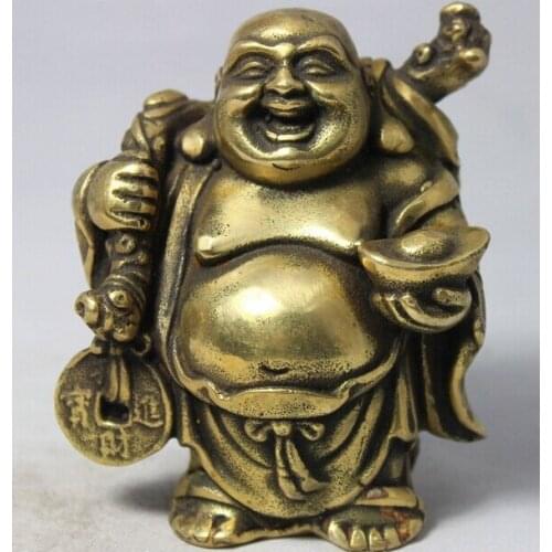 19Chinese Buddhism Brass Stand Happy Laugh Maitreya Buddha Yuanbao Coin Statue