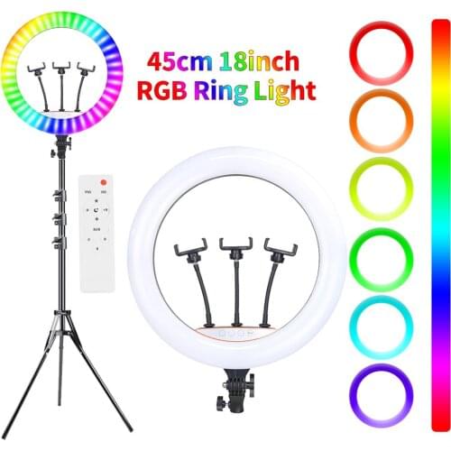18 Inch LED RGB Ring Light Photographic Lighting 2700K-7000K Ring Lamp With Tripod Stand Rainbow Ringlight For Phone Make Makeup