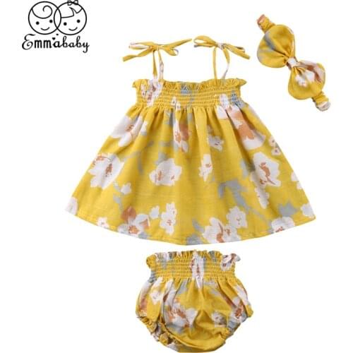 Summer Baby Girls Clothing Set Kids Clothes Yellow Strappy Flower Top T-shirt Dress Baby Shorts Girl Headband 3PCS Outfit