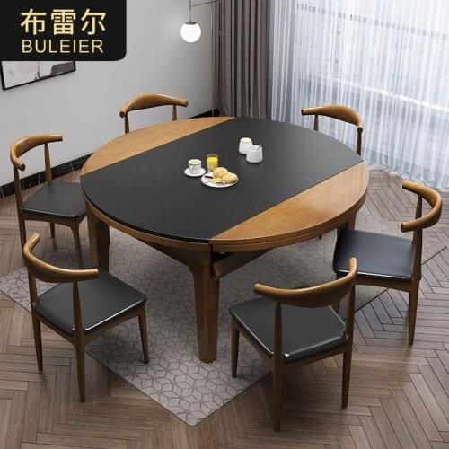 Fire stone small family expansion modern simple solid wood dining table chair combination light luxury marble round