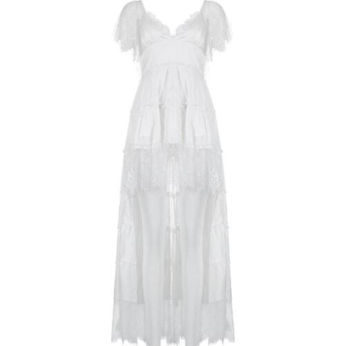 2021 New Summer Fashion White Lace Dress Womens Sexy V Neck Short Sleeve Dress Club Party Clothing