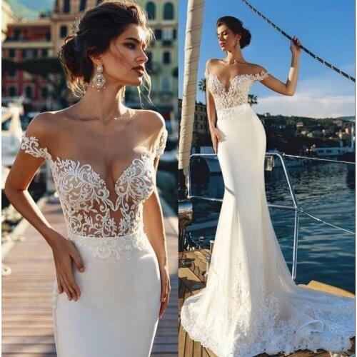 2020 Country Mermaid Beach Backless Wedding Dresses Sheer Off The Shoulder Lace Bridal Gowns With Detachable Train Vestido De