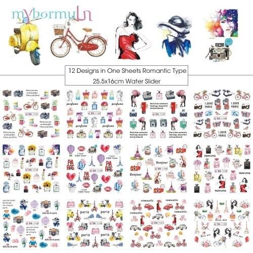 12 Designs Romantic Valentines Nail Sticker Water Decals Sliders Sexy Lips Flower Heart Decoration Tattoo Wraps BN1141-1152CN