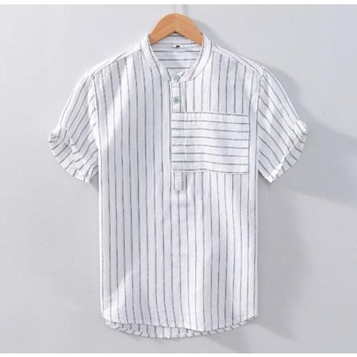 Striped Short Sleeve Shirt for Men Summer New Cotton Linen Casual Tops Male Fashion Stand Collar Pullover Clothing
