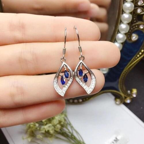 Attractive blue sapphire dangling earrings for women jewelry hook earring natural gem girl party gift real 925 silver