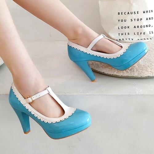 Bright Patent Leather Ruffled Buckle High Heels Water Platform Bright Leather Sweet T-Shaped Buckle Fashionable Sweet Pumps
