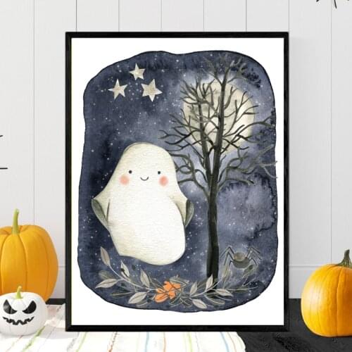 Halloween Decoration Cute Ghost Spooky Tree Watercolor Painting , Halloween Signs Poster Wall Art Canvas Prints , Halloween Gift