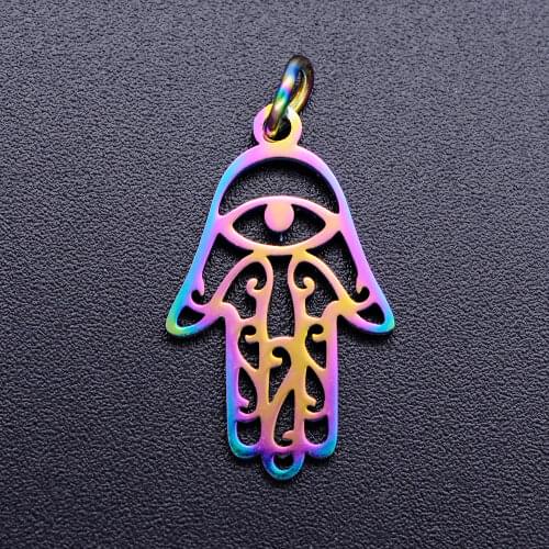 5pcs/lot 100% Stainless Steel Unique Hamsa Hand diy Charms With Rainbow Plated Wholesale Finding Charm Suppliers Dropshipping