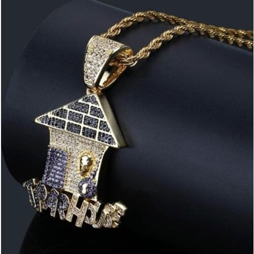 Hip Hop Cartoon Shape TRAPHOUSE Pendant Necklace Full Paved AAA Cubic Zircon Men Women Party Jewelry
