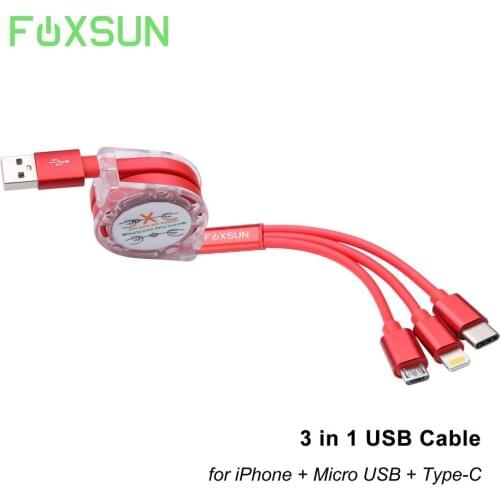 Retractable 3 in 1 Charging Cable for Lightning Micro USB Type C for iPhone X 8 / iPad Samsung Note 8, S8 Onplus 5T,LG, Google