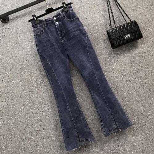 Women 2021 Spring Summer Fashion High Waist Slim Jeans Female New Large Size Flare Pants Ladies Stretch Split Denim Trousers P74