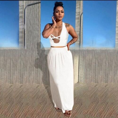 2021 New Arrival Fashion Design 2 pcs Women Set Solid Strapless Short Tops Maxi Dress Summer Casual Outfits