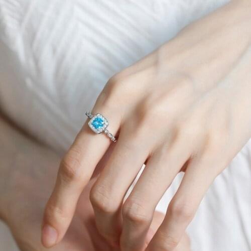 Geometric sea blue zircon resizable wedding rings for women 925 sterling silver engagement ring fine jewelry wholesale 2020