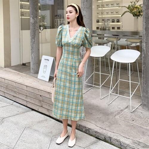 New arrival fashion vintage dress women elegant summer sweet v-neck puff sleeve lace temperament simple plaid a-line dress
