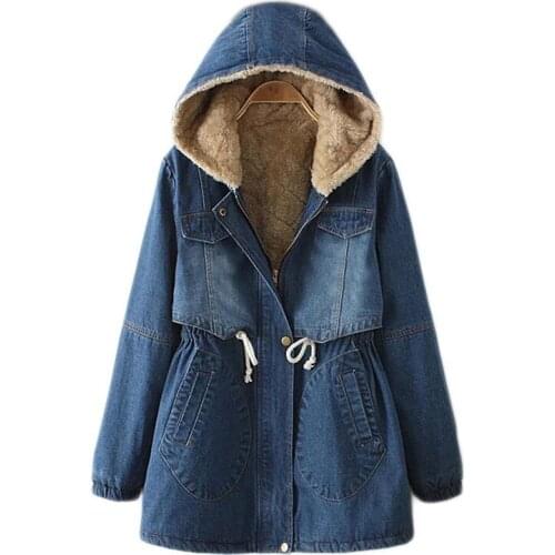 Winter Women denim jacket Fashion New Korean Thicken Plus velvet lambswool warm jean Coats Female Loose Hooded Outerwear R459